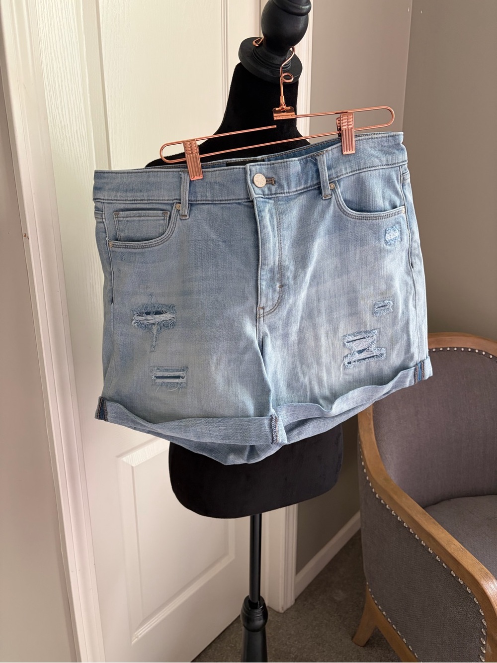 White House Black Market Light Blue Distressed Denim Rolled-Hem Shorts